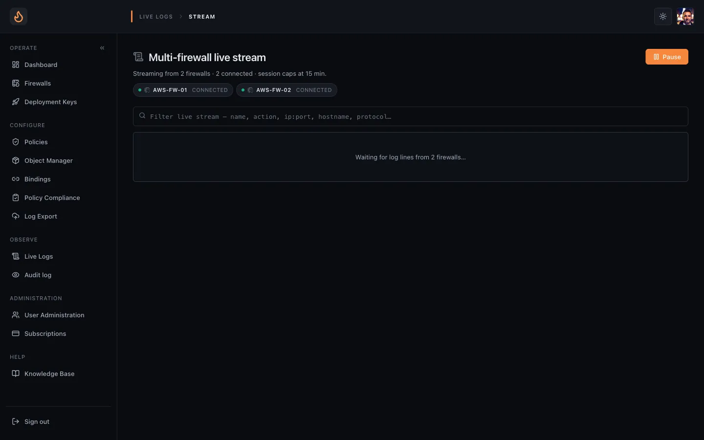 The Enforza multi-firewall live stream — two firewalls connected and streaming their traffic into one filterable feed of flows, actions and matched rules.