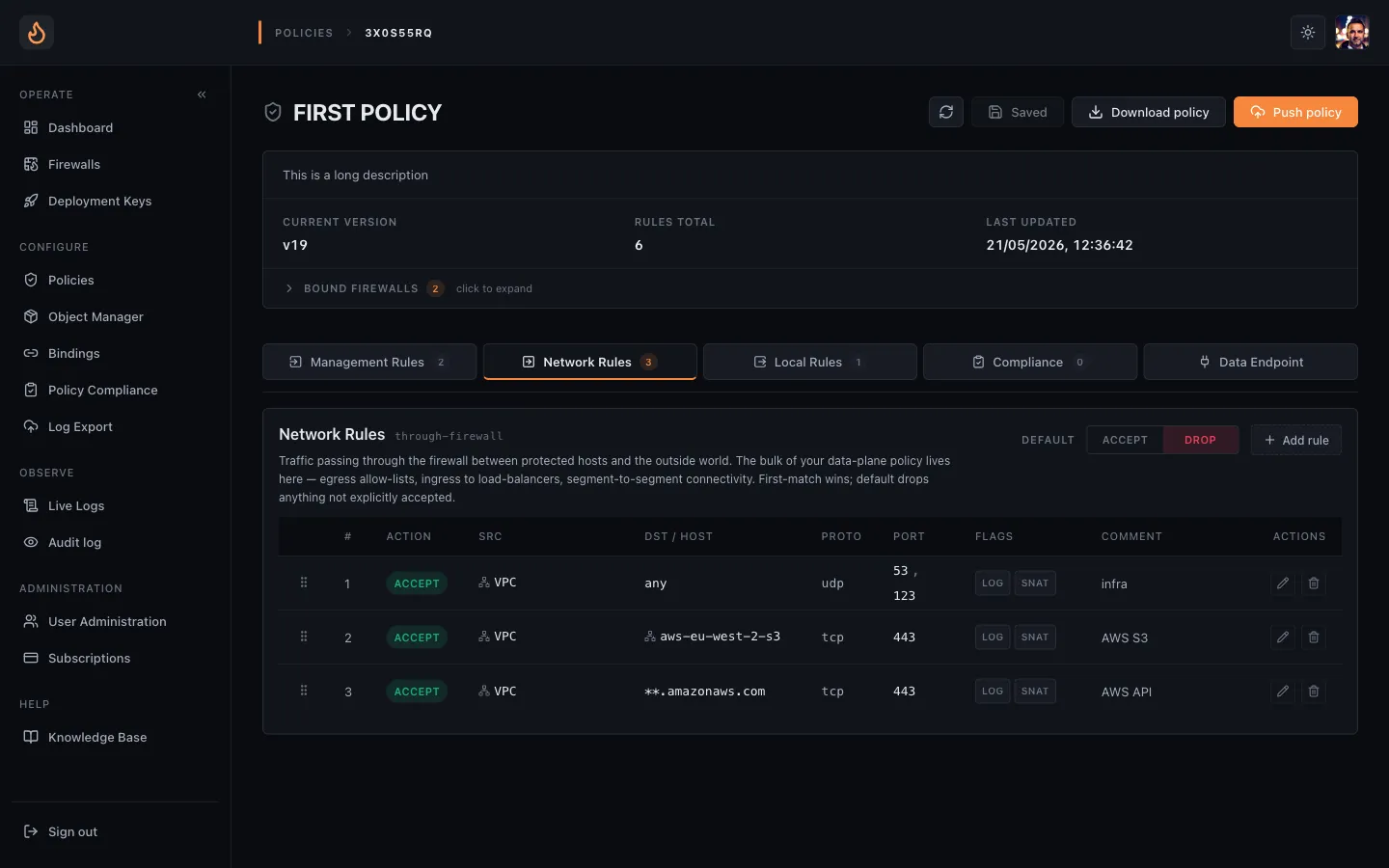 The Enforza Cloud Controller policy editor — a visual rule table with ACCEPT and DROP actions, AWS S3 and amazonaws.com destinations, source-NAT flags and a one-click Push policy button.