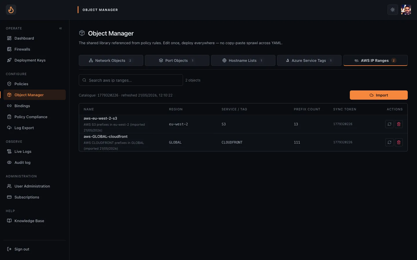 The Enforza Object Manager AWS IP Ranges tab — imported S3 and CloudFront groups, each showing its region, service tag, prefix count and upstream sync token, with one-click refresh and an Import button.